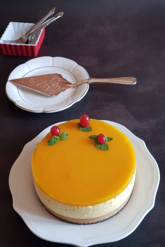 mango cheesecake on a serving dish