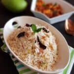 mango rice served on a white serving bowl