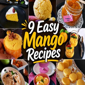 Collage of 9 easy mango recipes including mango cake, mango cookies, mango jam, mango cheesecake, mango mousse, mango ice cream, mango muffins, mango macarons and raw mango rice.