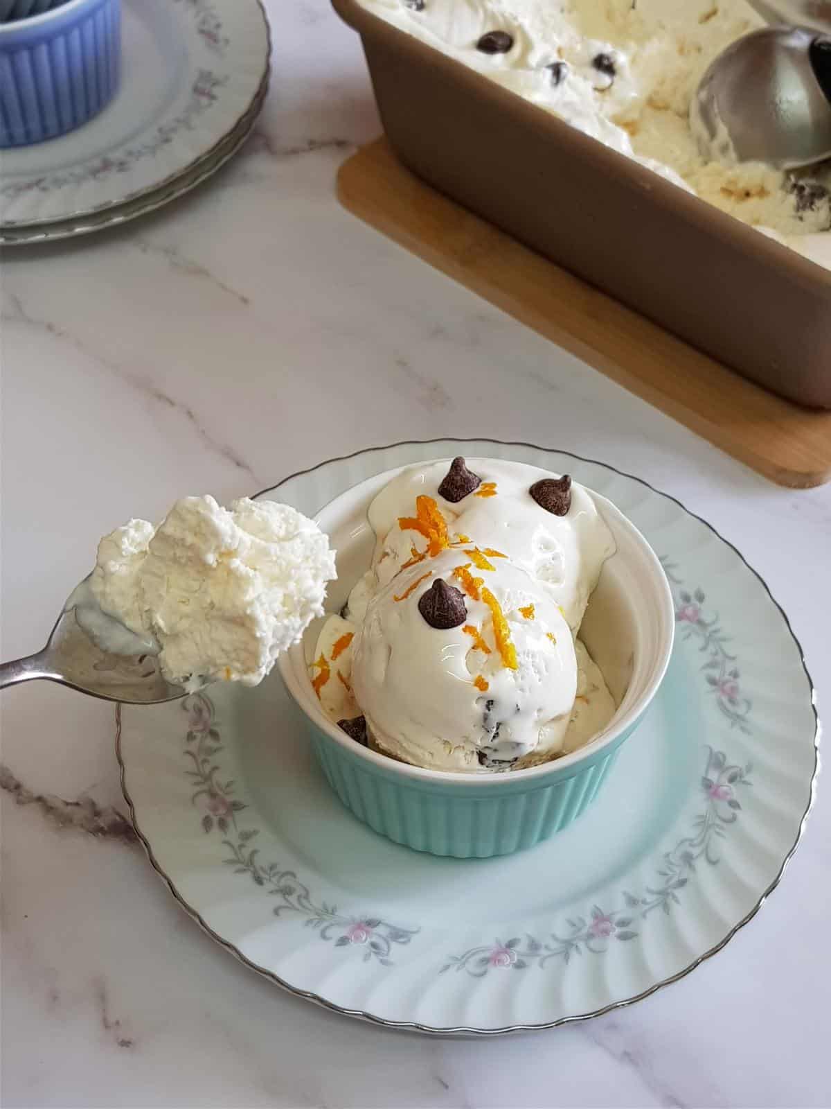 Creamy orange ice cream with dark chocolate chips and orange zest.