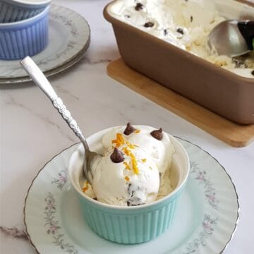 Orange ice cream with dark chocolate chips in a bowl.
